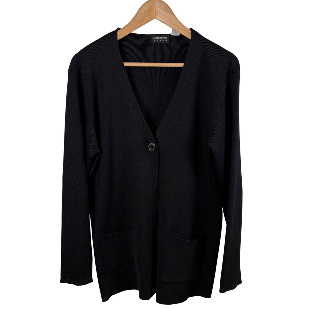 Liz Claiborne Black Silk Cardigan‎ Sweater Women's L Ribbed Elevated Basic